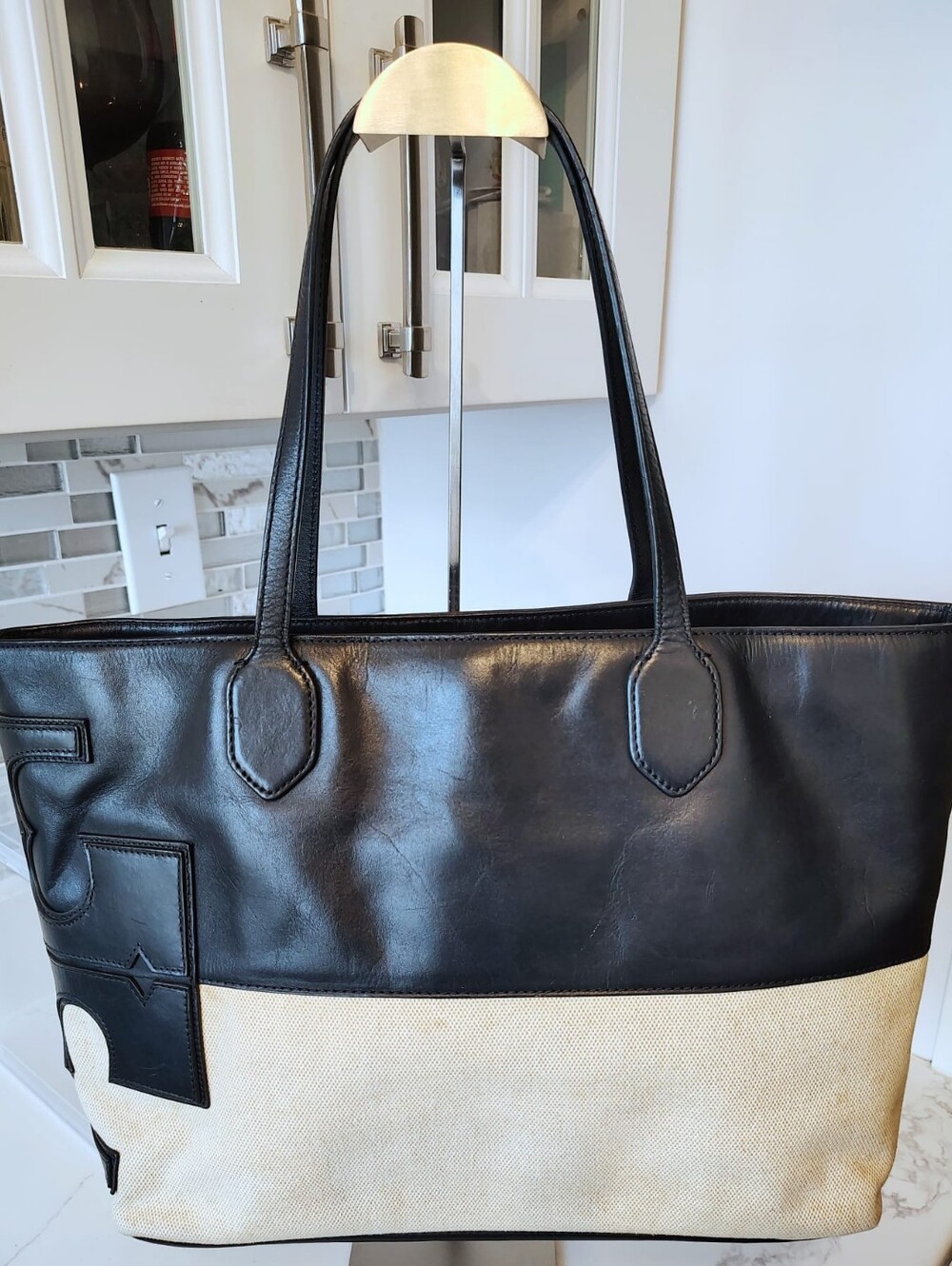 Tory Burch Tote Bag - Canvas/Black Leather-Trimmed